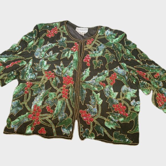NiteLine By Della Roufogali Floral Silk Sequin  Jacket Size L Christmas New Year - Picture 1 of 10
